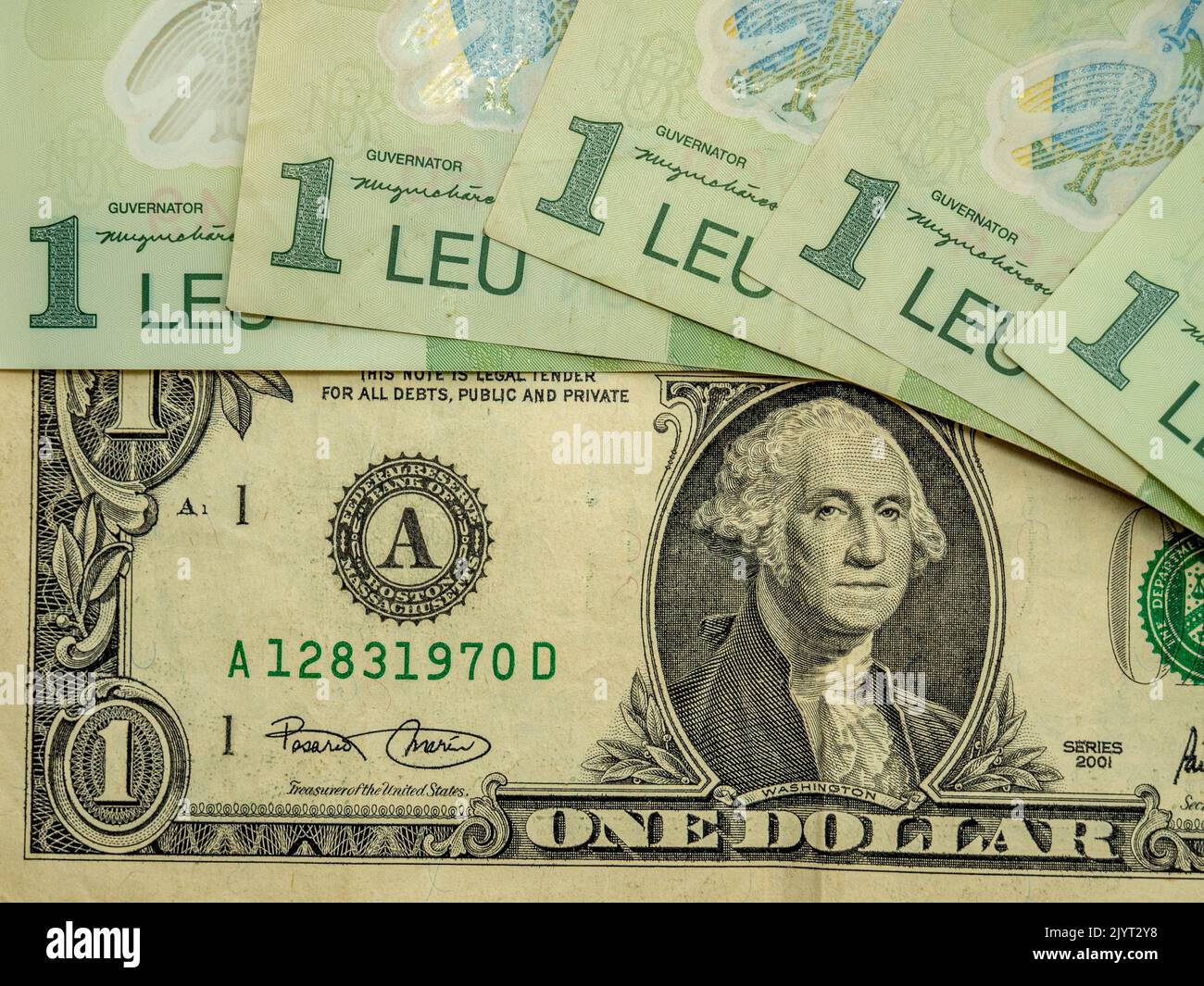 les bankotes du leu ron roumain et le concept de change du dollar Banque D'Images