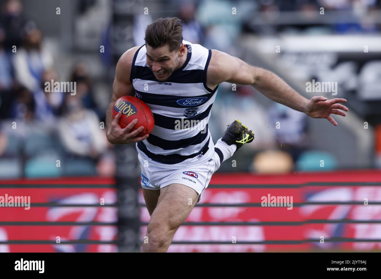 Tom Hawkins des Cats marque lors du match de l AFL Round 20 entre