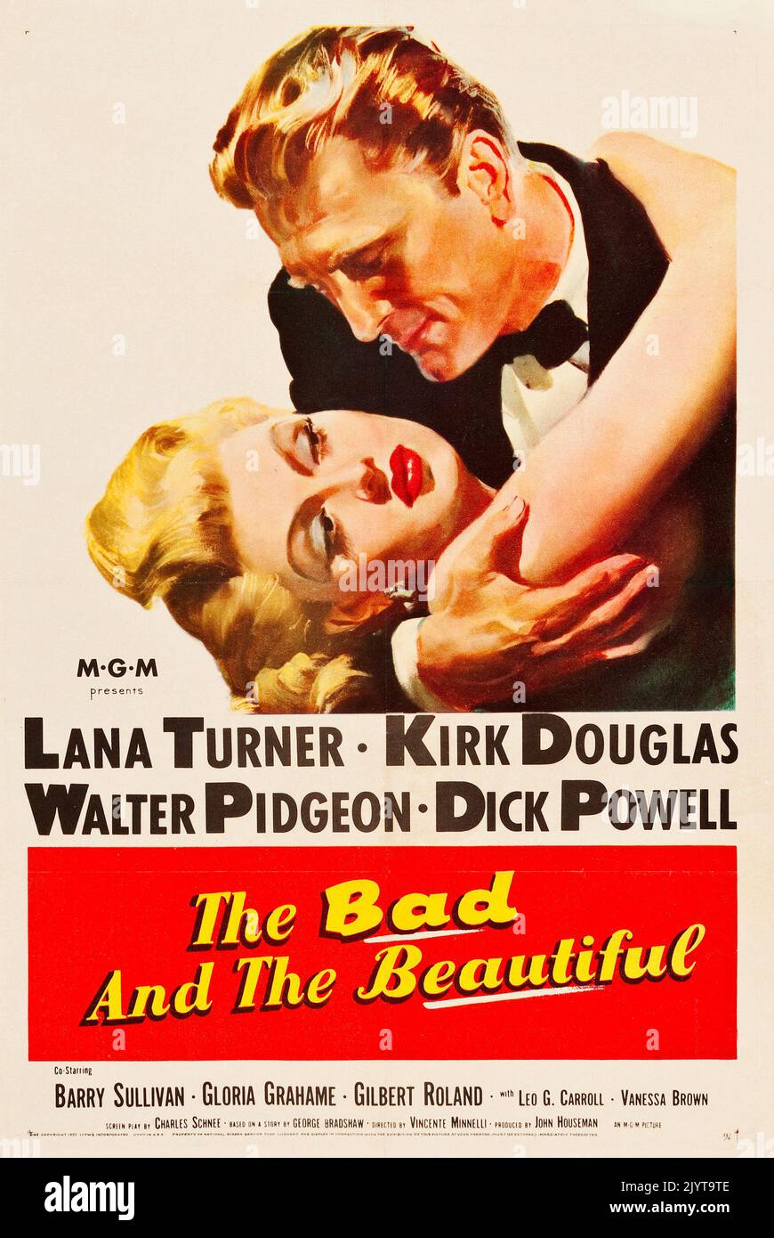 Affiche de cinéma vintage pour la scène théâtrale américaine du film de 1952 The Bad and the Beautiful. FEAT Kirk Douglas et Lana Turner Banque D'Images