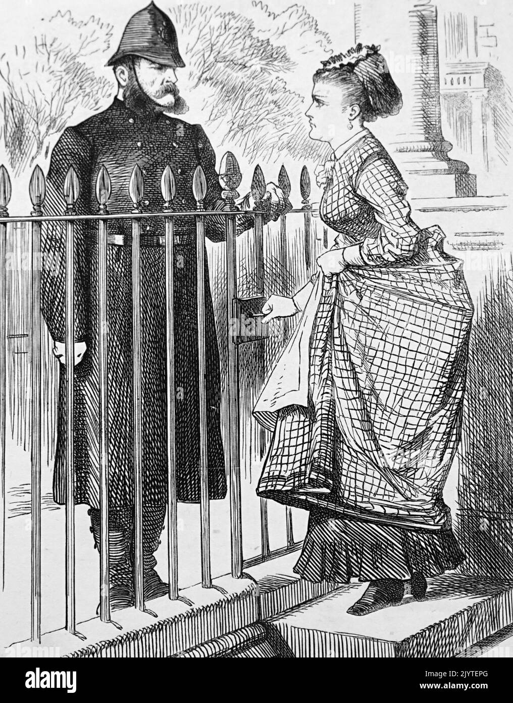 Dessin animé représentant un policier parlant avec une jeune femme. Illustré par John Tenniel (1820-1914) illustrateur, humoriste graphique et caricaturiste politique anglais. Daté du 19th siècle Banque D'Images