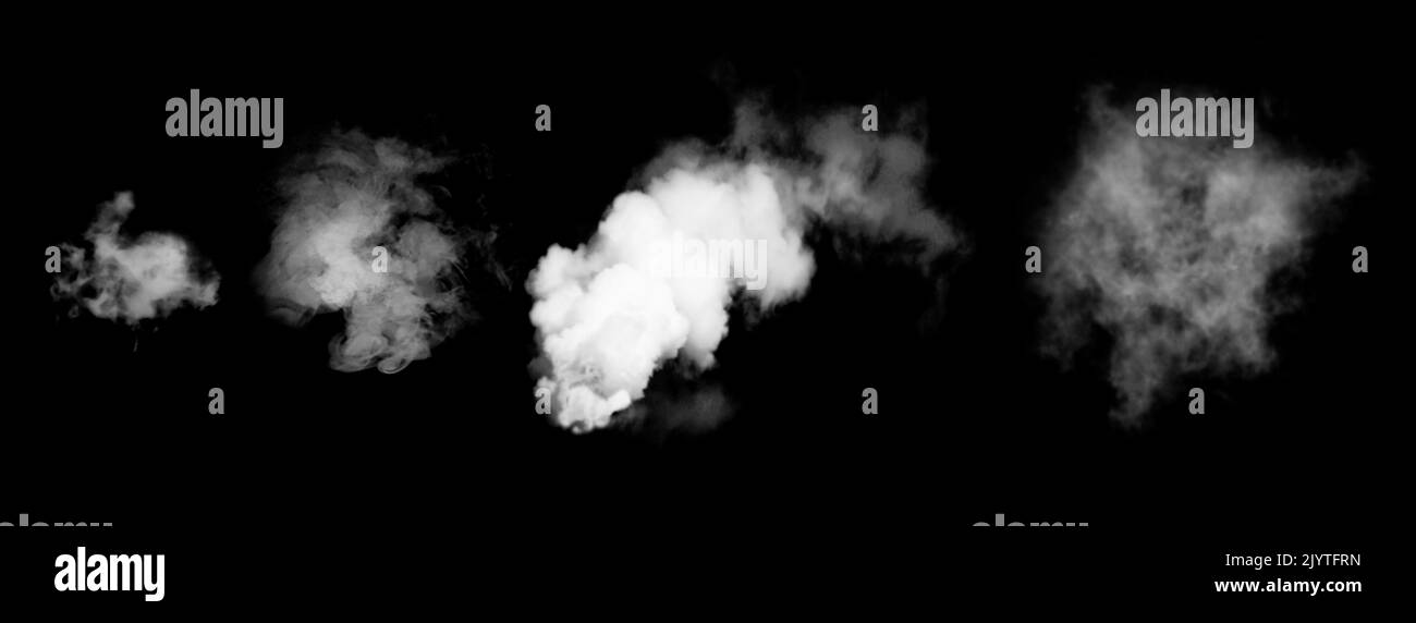 Fumée fluide isolée sur fond noir. Projection de peinture. Poudre blanche explosive. Large illustration abstraite Banque D'Images