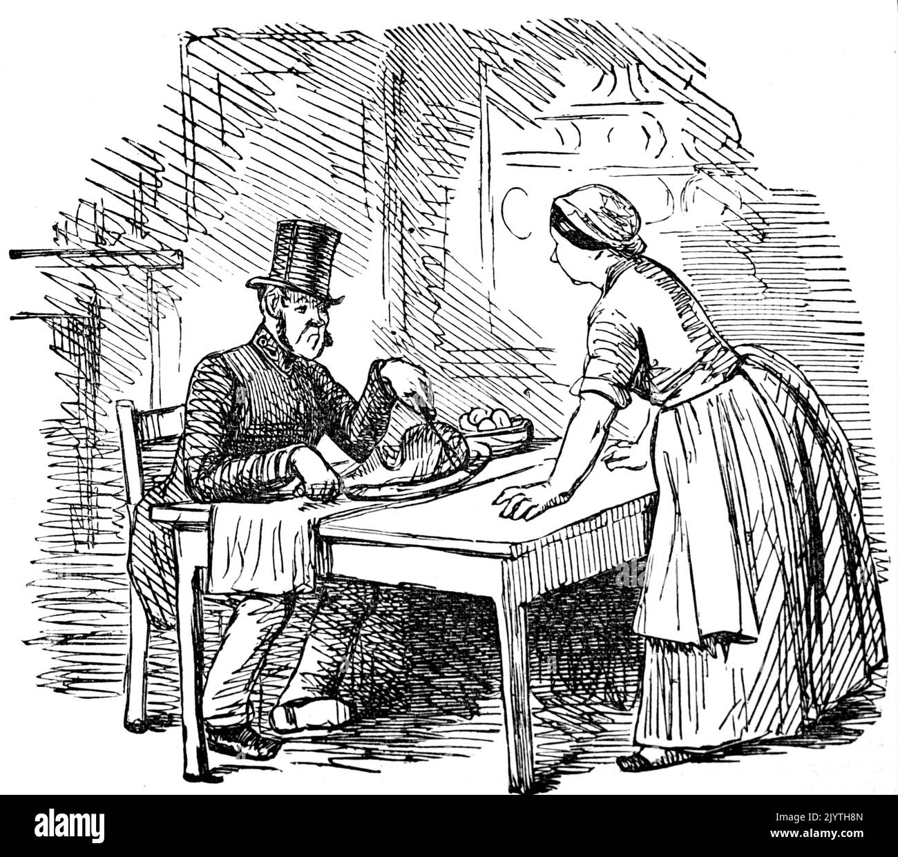 Caricature représentant un mari qui mange avant de partir pour son quart de travail portant son uniforme de police. Daté du 19th siècle Banque D'Images