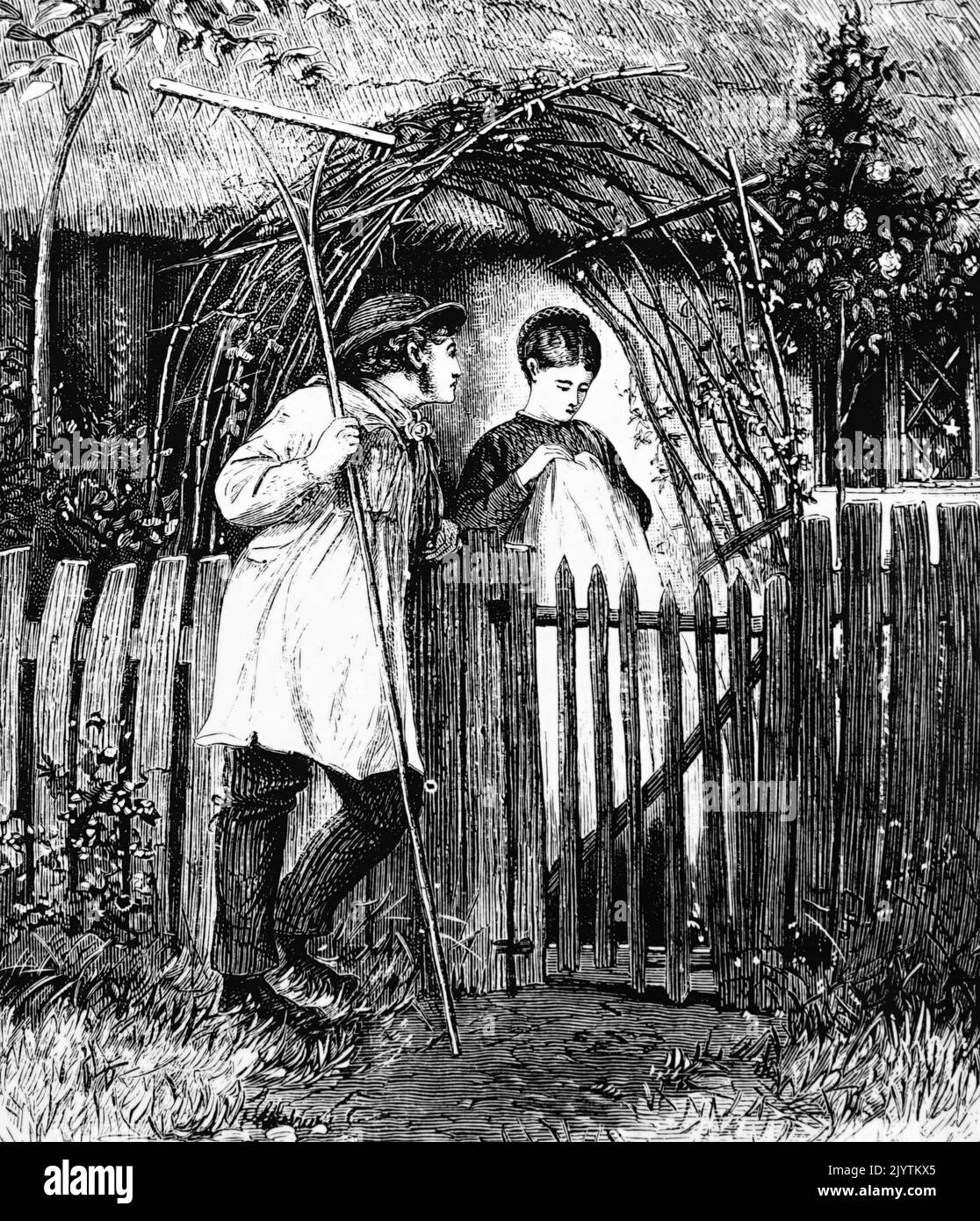 Illustration représentant un ouvrier agricole dans une marmoise courtant son amant. Illustré par Henry Woods (1846-1921), peintre et illustrateur anglais. Daté du 19th siècle Banque D'Images