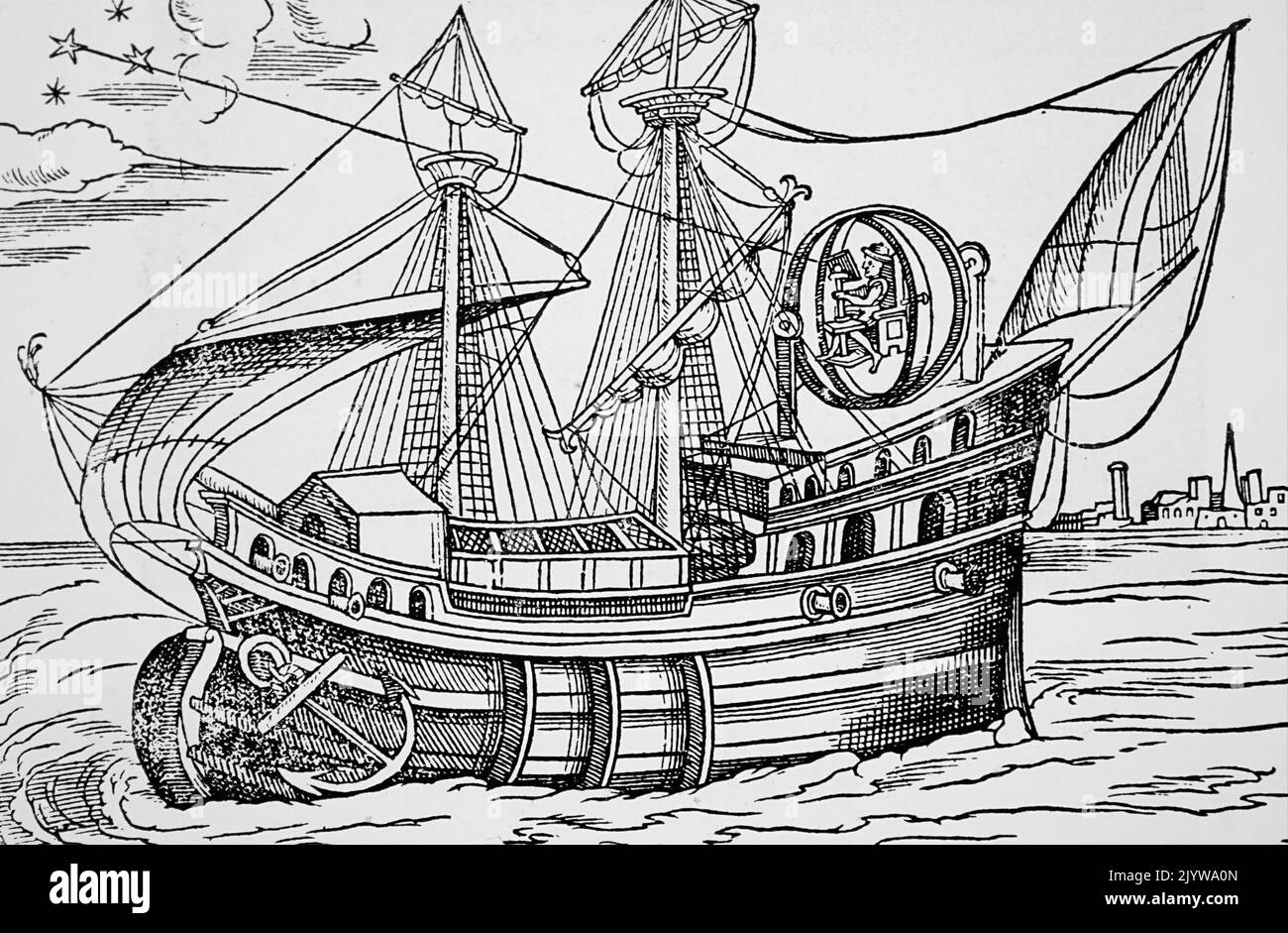 Imprimé en bois représentant un navigateur prenant des mesures célestes à partir de la plate-forme d'observation montée sur la suspension de Cardan (gimbals) pour le maintenir à niveau. Daté du 16th siècle Banque D'Images