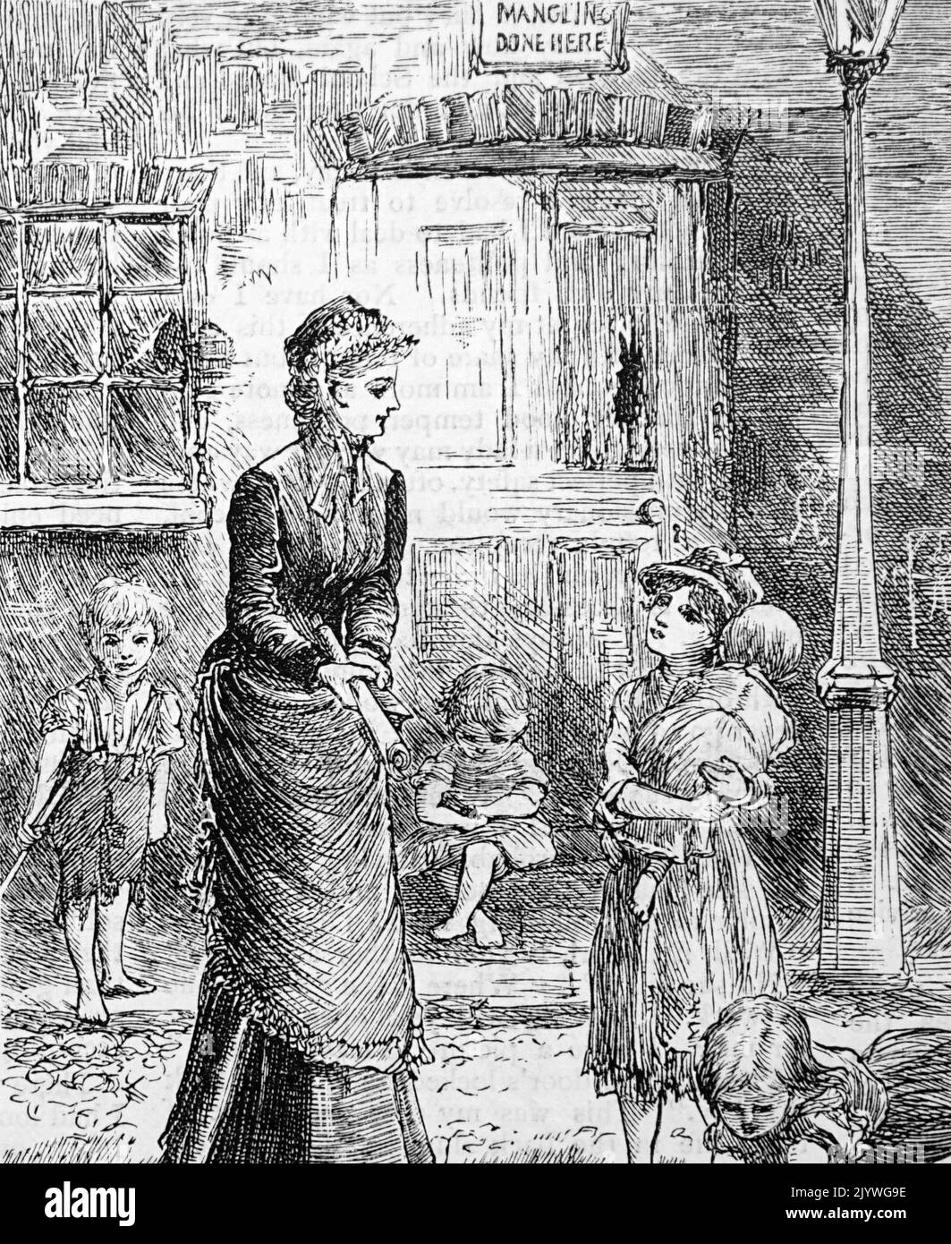 Gravure représentant une femme riche faisant un don aux enfants pauvres de Paris. Daté du 19th siècle Banque D'Images