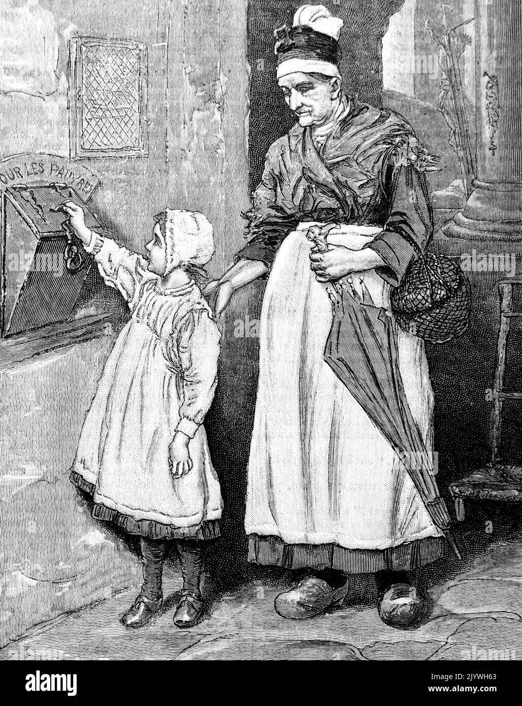 Gravure représentant une petite fille faisant un don aux pauvres de Paris. Daté du 19th siècle Banque D'Images