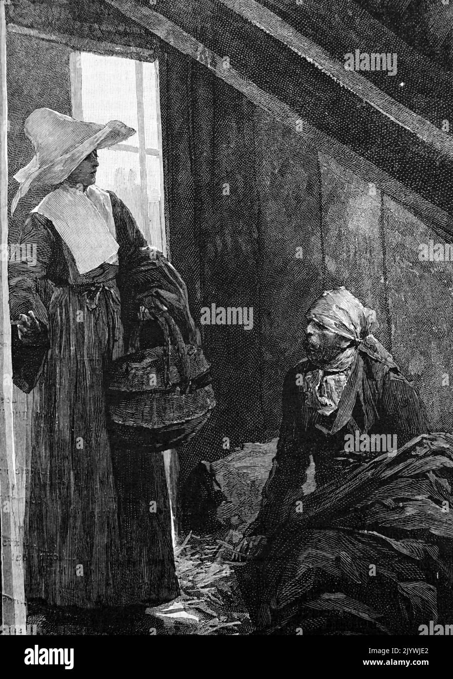 Illustration représentant une sœur qui s'intéresse à un homme blessé. Daté du 19th siècle Banque D'Images