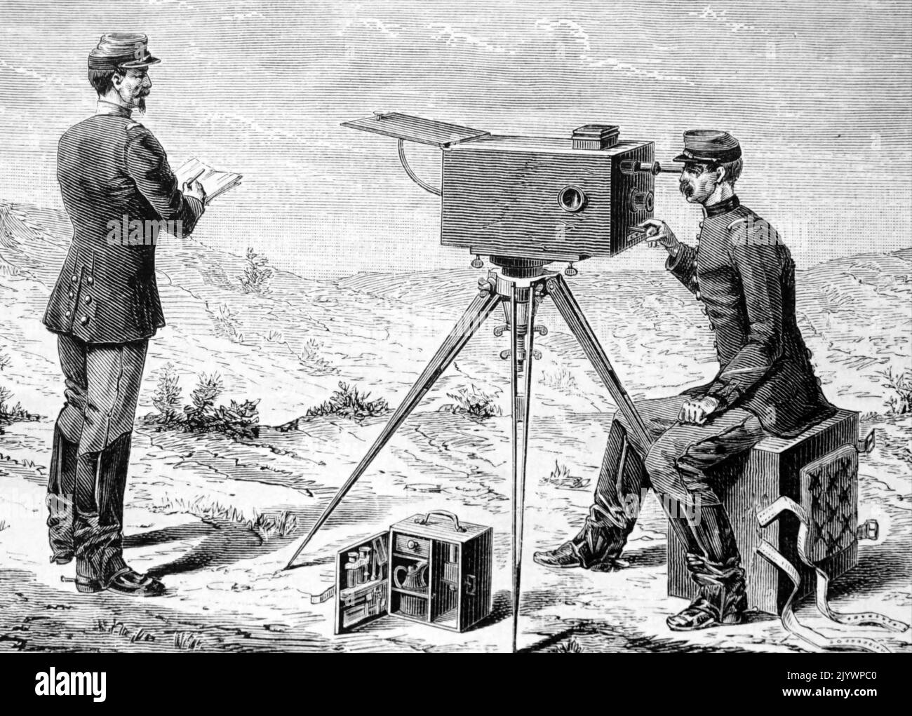 Illustration représentant des signaux militaires français à l'aide d'un télégraphe à champ optique. Daté du 19th siècle Banque D'Images