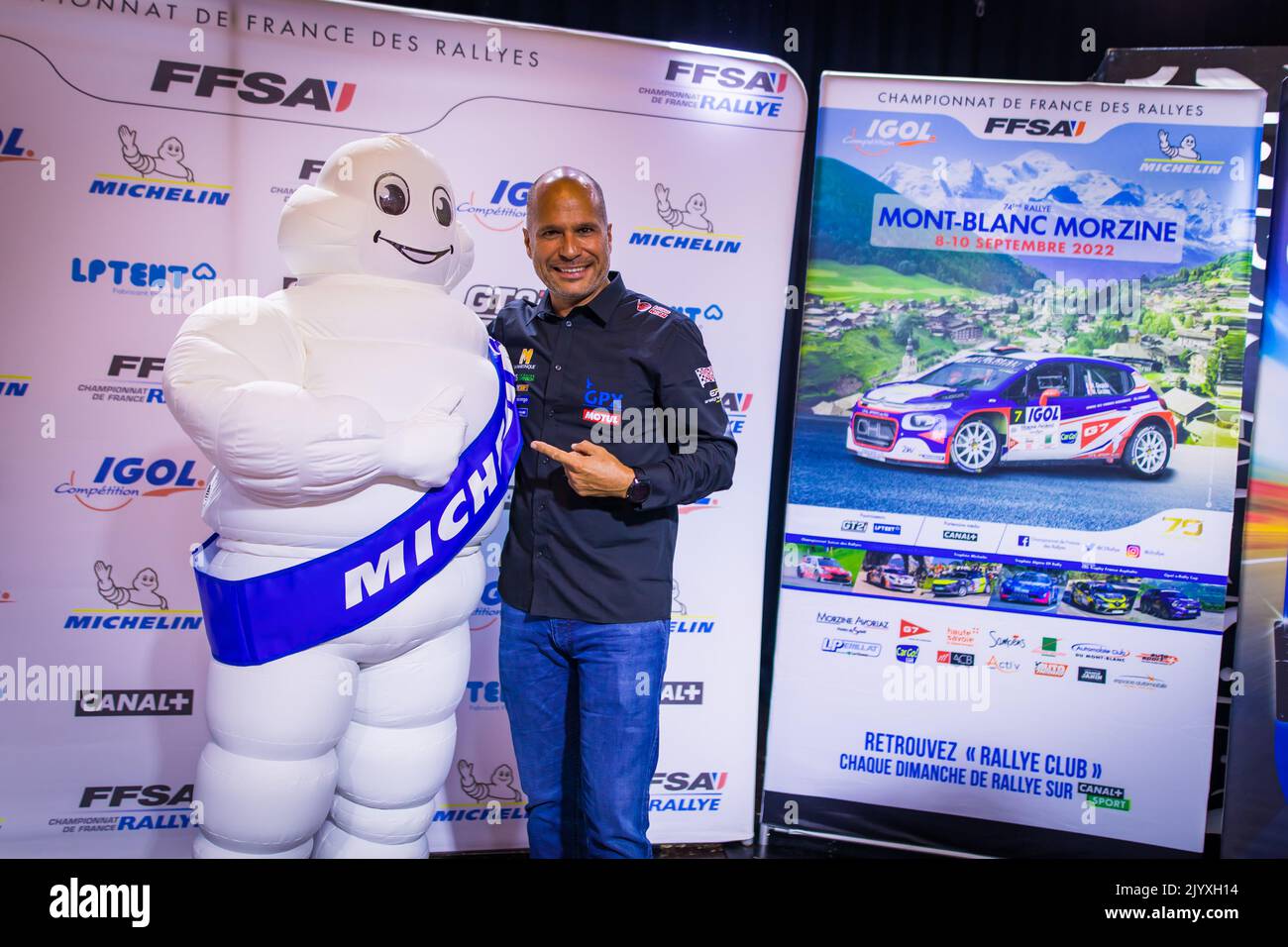 JEAN-JOSEPH Simon, PIVATO Patrick, Subaru Impreza 555, Bibendum Portrait Michelin pendant le Rallye du Mont-blanc Morzine 2022, 6th tour du Championnat de France des Rallyes 2022, de 8 septembre à 10 à Morzine, France - photo Bastien Roux / DPPI Banque D'Images