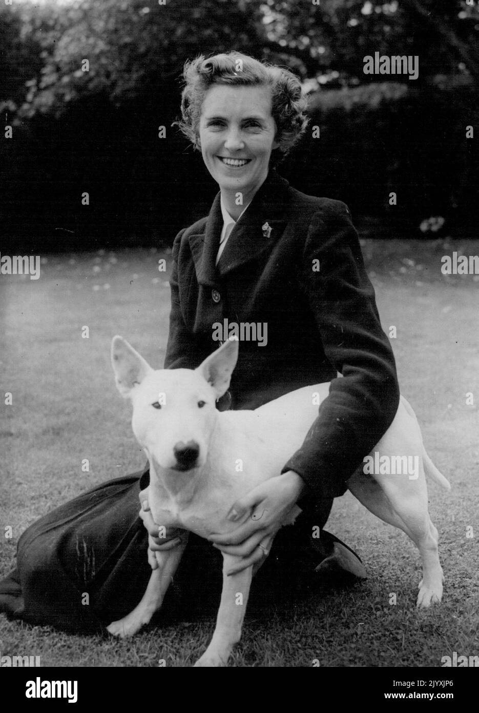 Prunella Stack, qui est de retour en Angleterre d'une Afrique du Sud pour les célébrations de l'âge de la Ligue des femmes de la Santé et de la beauté photographiée au jour le avec Weezle, un Bull Terrier, à Rusper, près de Horsham, maison de Lady Jean Zinovieff. Prunella la 'femme parfaite' de la fin des années 1930 - a pris le contrôle de la Ligue en 1935. 9 novembre 1951. (Photo par Daily Mail Contract Picture). Banque D'Images