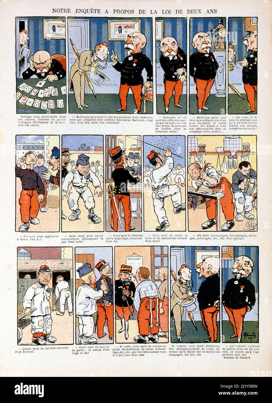 Caricature Illustration illustrant divers aspects du service militaire obligatoire en France. Magazine « le Rire » 1902. Banque D'Images