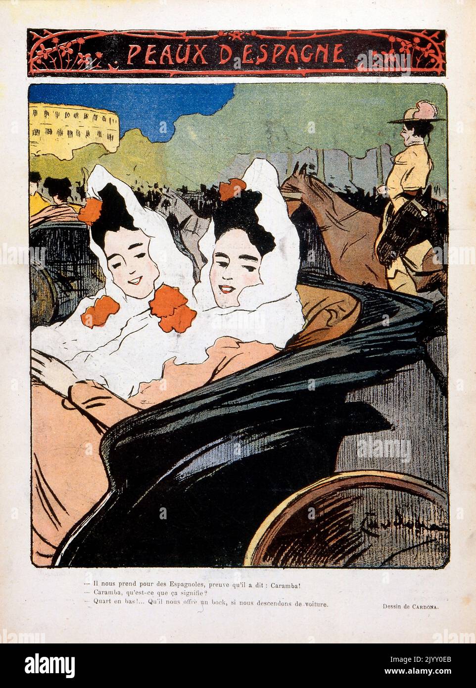 Caricature Illustration représentant des femmes dans une voiture à Paris. Magazine « le Rire » 1902. Banque D'Images