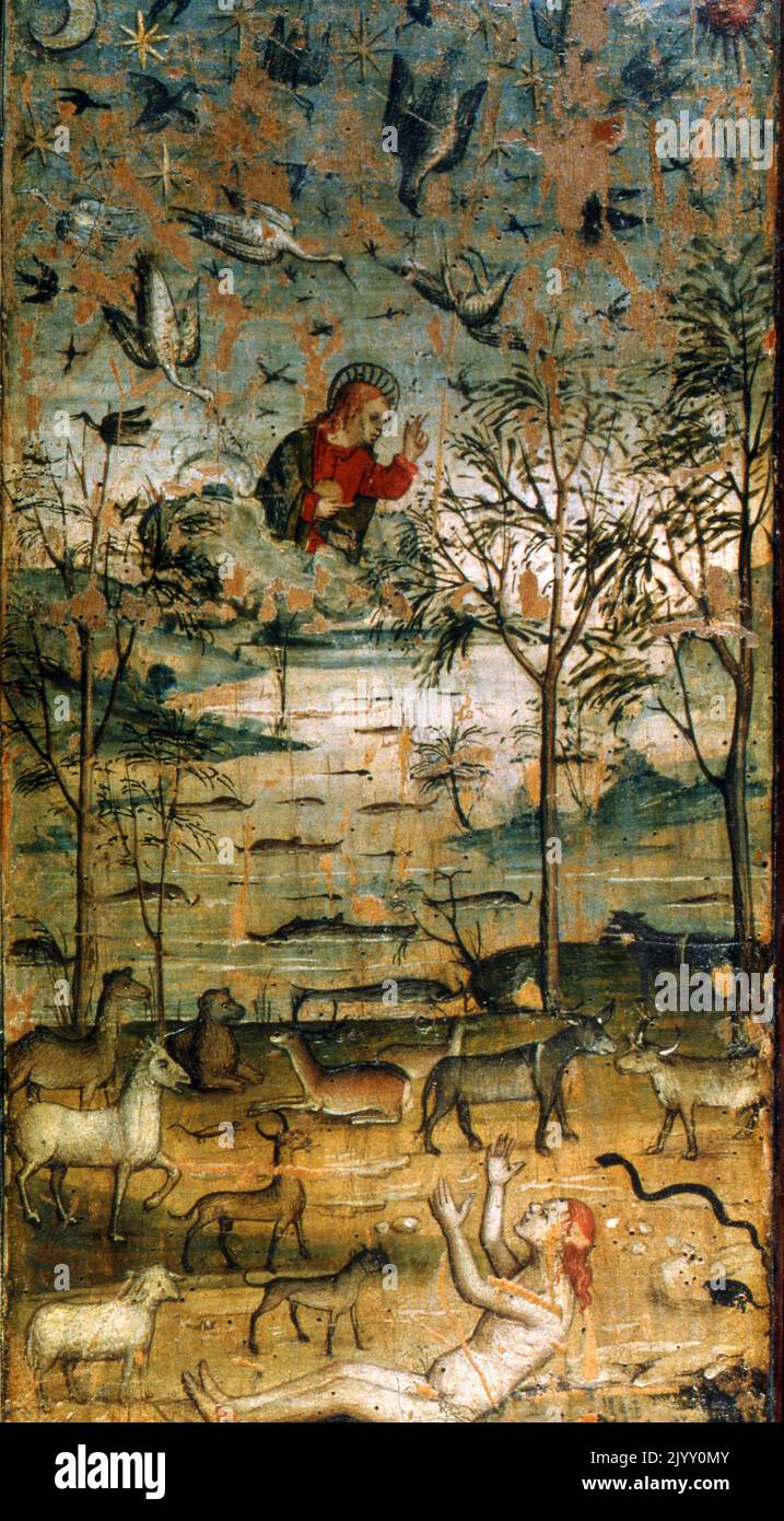 La création; 15th siècle peinture italienne maître représentant Dieu créant Adam. Banque D'Images