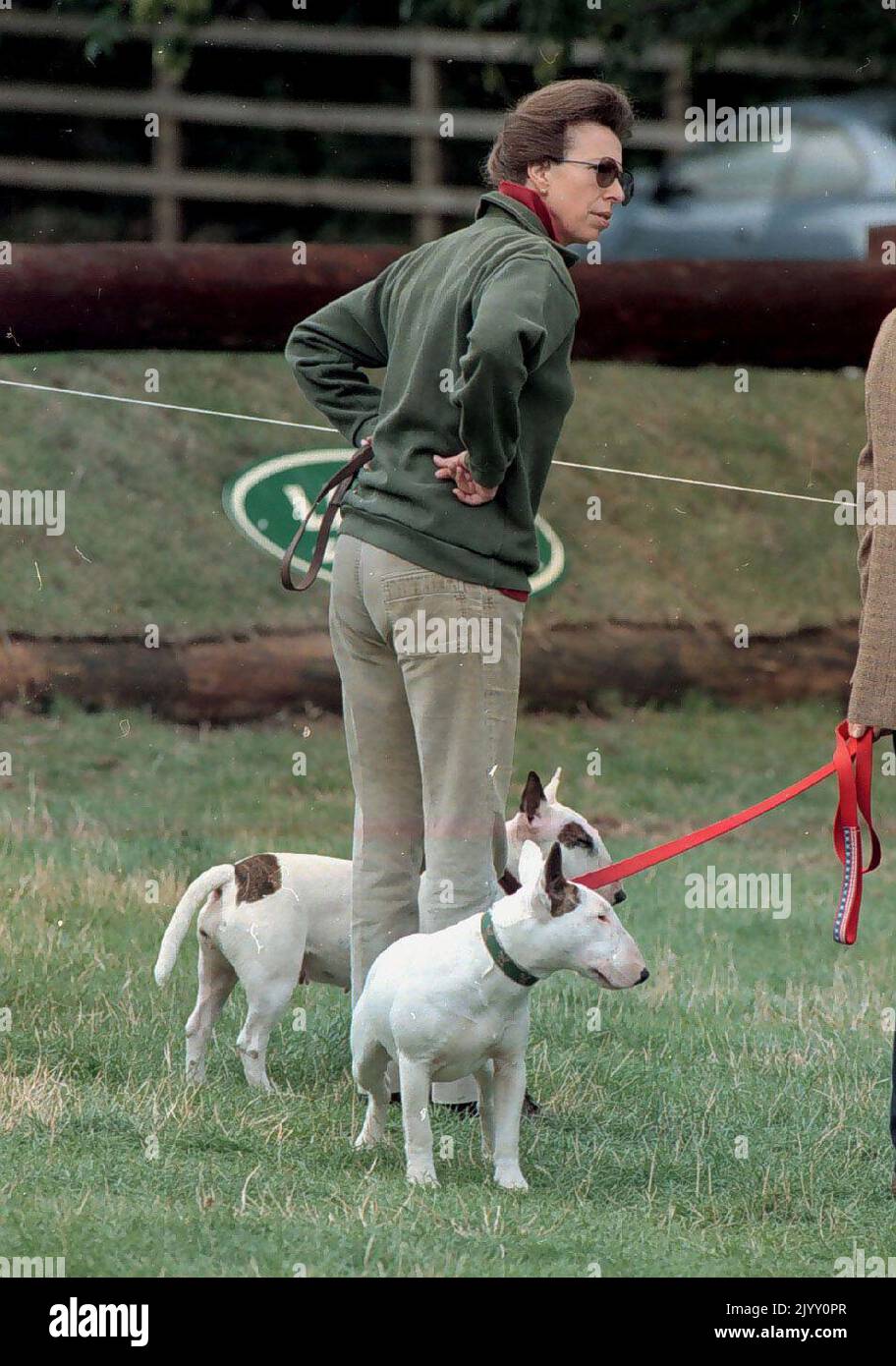 Photo du dossier datée du 1/9/1996, du spectateur de la princesse royale lors de l'événement de cross-country aux championnats de procès de chevaux britanniques à Gatcombe Park. Un des terriens de taureau anglais de la princesse a attaqué le corgi Pharos bien-aimé de la reine, qui a dû être mis en place. Pendant son règne, la Reine possédait plus de 30 corgis, dont beaucoup de descendants directs de Susan, qui lui a été donné comme cadeau de 18th ans par ses parents en 1944 et a été tellement aimée qu'elle a accompagné la princesse Elizabeth lors de sa lune de miel. Date de publication : jeudi 8 septembre 2022. Banque D'Images