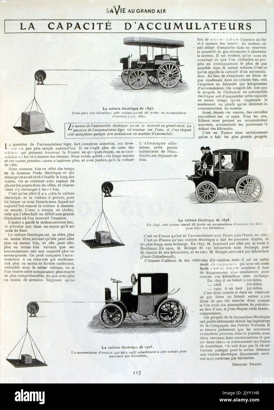 Illustration représentant les véhicules électriques français des années 1890 à 1905. Banque D'Images