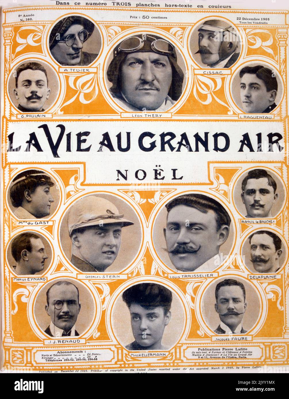 Couverture du magazine montrant les champions de la course automobile Grand Prix en France 1905 Banque D'Images