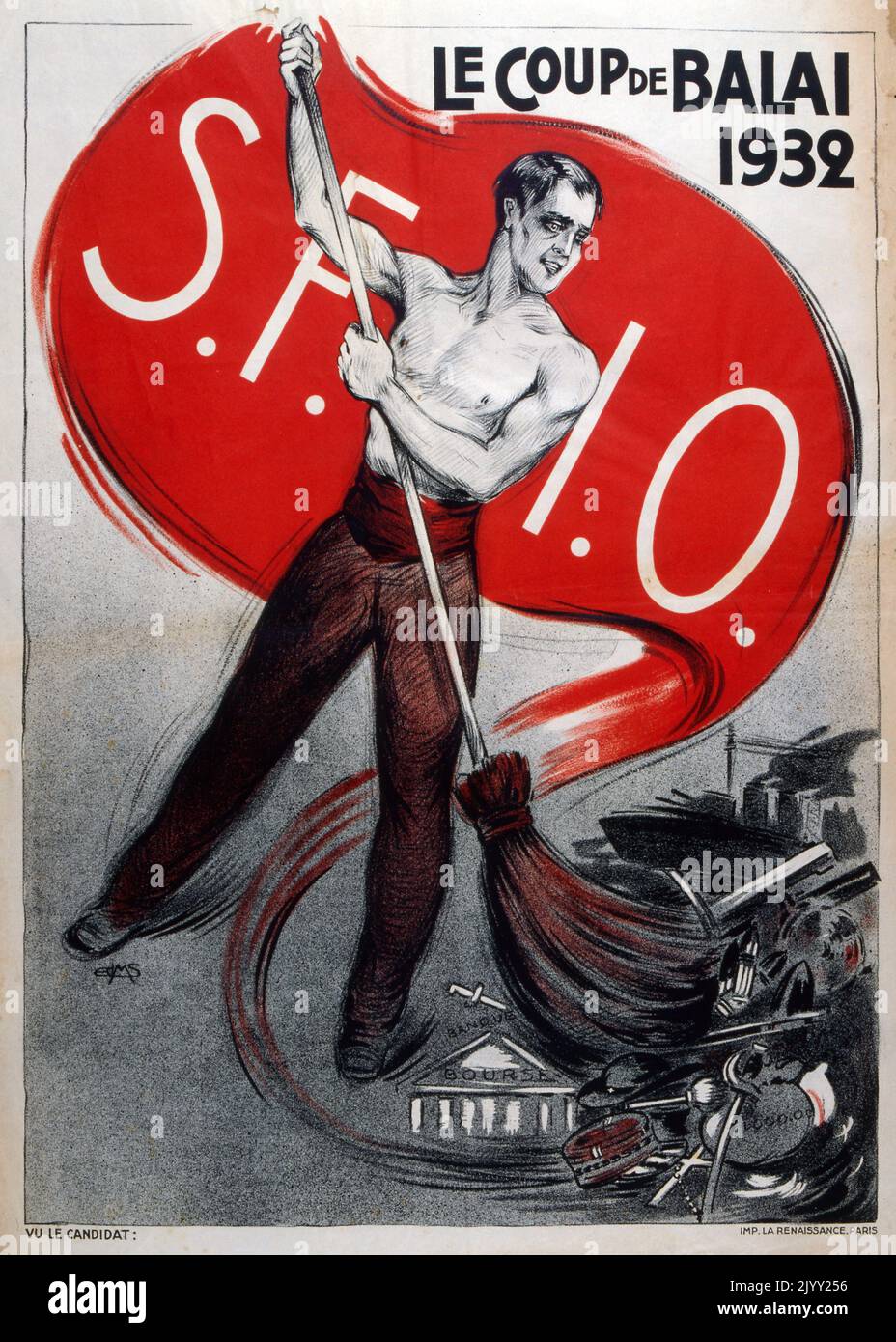 Le coup de balai (le balai) sur une affiche de propagande du Parti socialiste français (SFIO) pour les élections de l'Assemblée nationale en 1932 Banque D'Images