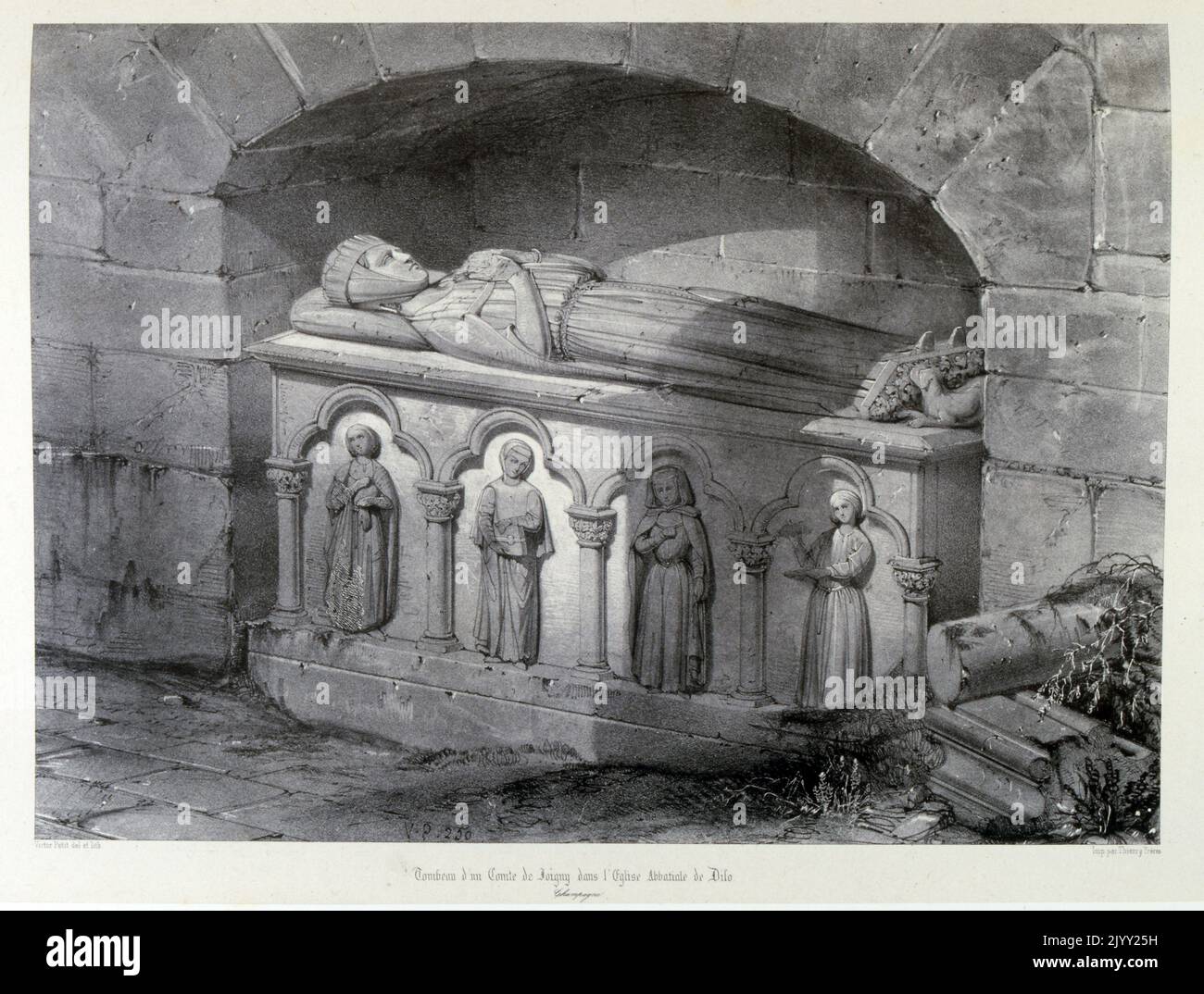 Tombe de Guillaume I Comte de Joigny (1160 - 1220) à l'abbaye de Dilo. L'abbaye de notre-Dame de Dilo, fondée en 1132 et enrichie par de nombreux dons princiers. Les moines y ont développé l'exploitation du fer et de l'industrie du fer et de l'acier. Pendant son exil en France à Pontigny, Thomas Becket (Saint Thomas de Canterbury) séjourna à Dilo, où il dédie l'église. L'abbaye fut fondée en 1132 sur le site d'une ancienne forge romaine. Joigny est une commune française, située dans le département de l'Yonne et la région Bourgogne-Franche-Comté. Banque D'Images