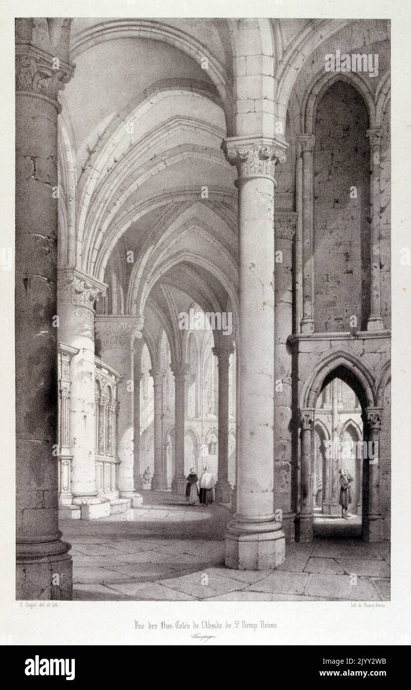 Dessin de l'abbaye de Saint-Remi est une abbaye de Reims, France, fondée au sixième siècle. Depuis 1099, il a conservé les reliques de Saint Remi (mort en 553), l'évêque de Reims qui a converti Clovis, roi des Francs, au christianisme à Noël en 496 après avoir vaincu l'Alamanni dans la bataille de Tolbiac. La basilique actuelle était l'église abbatiale; elle fut consacrée par le Pape Léon IX en 1049. La nef et les transsepts du XIe siècle, dans le style roman Banque D'Images
