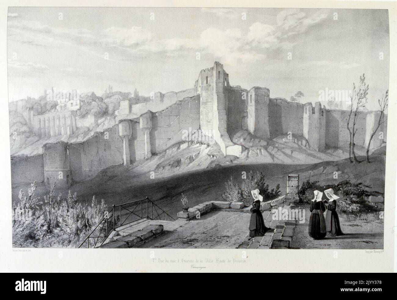 Illustration des fortifications médiévales de ville-haute de Provins, Seine-et-Marne, France 1857. Banque D'Images