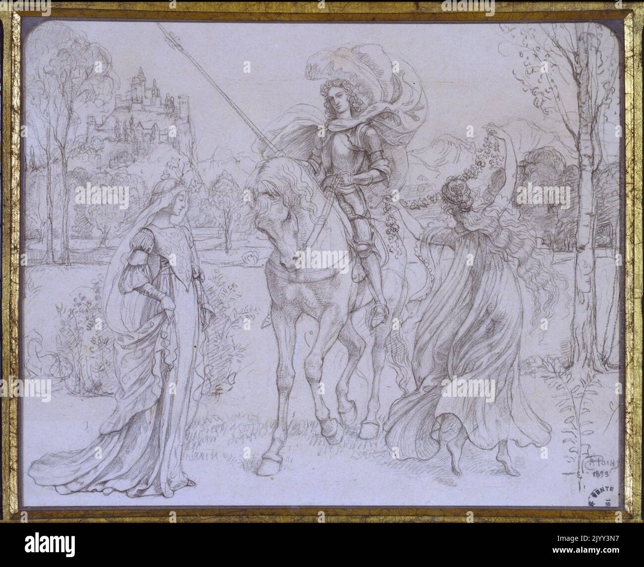 Scène du Moyen Age par Armand point (1860-1932). Dessin d'un chevalier parlant avec deux femmes Banque D'Images