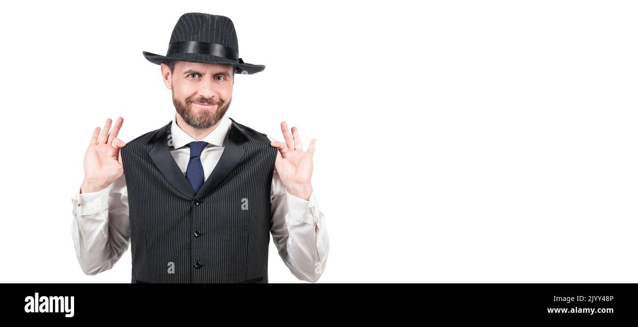 Homme visage portrait, bannière avec espace de copie. Sourire drôle barbu élégant homme dans chapeau vintage isolé sur fond blanc, gentleman. Banque D'Images