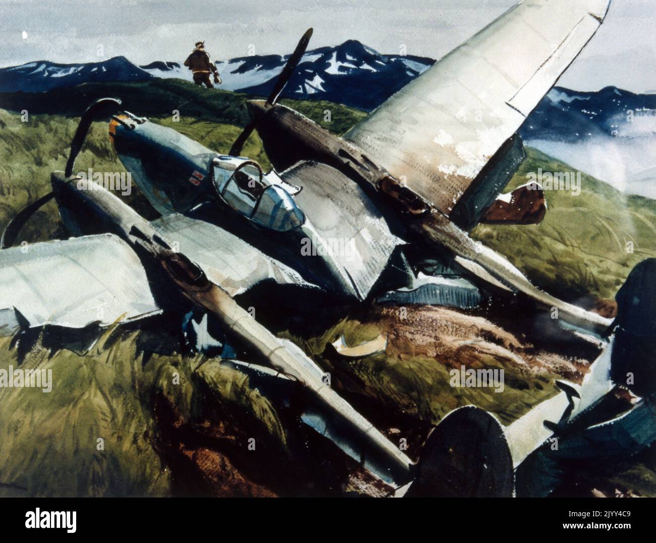 Deuxième Guerre mondiale : avion de l'armée de l'air américaine, atterrissage en catastrophe aux îles Aléoutiennes. Illustration par Ogden Pleissner 1943 Banque D'Images