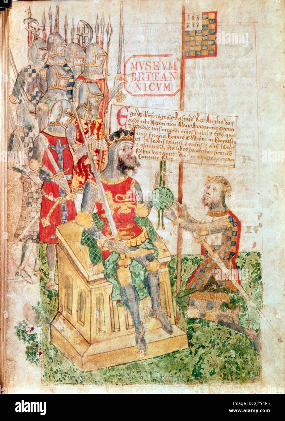 William le Conquérant, accordant Richmond shire à Alan Rufus, comte de Bretagne, au Registre de l'honneur de Richmond. Manuscrit illustré utilisant de l'encre et des pigments sur le vellum. En date du 1480. Lors de la bataille de Hastings en 1066, William le Conquérant fut aidé par Alan Rufus, comte de Bretagne, et lui remit par la suite de vastes domaines dans le nord de l'Angleterre, qui furent formés en l'honneur de Richmond. Banque D'Images