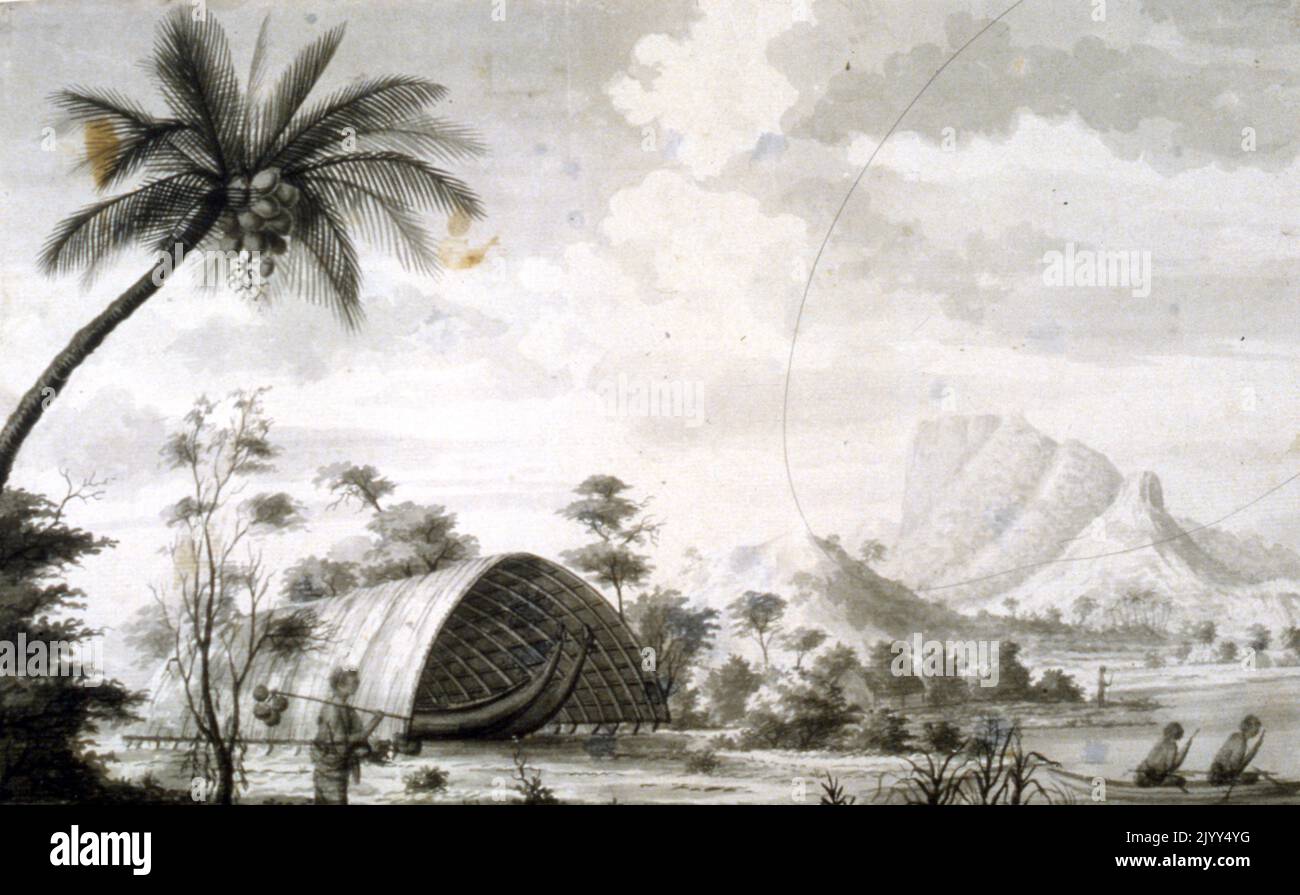 Village long refuge à Tahiti par Sydney Parkinson (c. 1745 - 1771), par Sydney Parkinson (c. 1745 - 1771), illustrateur botanique écossais et artiste d'histoire naturelle. Il a été le premier artiste européen à visiter l'Australie, la Nouvelle-Zélande et Tahiti. Parkinson a été employé par Joseph Banks pour voyager avec lui lors du premier voyage de James Cook dans le Pacifique en 1768, dans HMS Endeavour. Banque D'Images Village long refuge à Tahiti par Sydney Parkinson (c. 1745 - 1771), par Sydney Parkinson (c. 1745 - 1771), illustrateur botanique écossais et artiste d'histoire naturelle. Il a été le premier artiste européen à visiter l'Australie, la Nouvelle-Zélande et Tahiti. Parkinson a été employé par Joseph Banks pour voyager avec lui lors du premier voyage de James Cook dans le Pacifique en 1768, dans HMS Endeavour. Banque D'Images