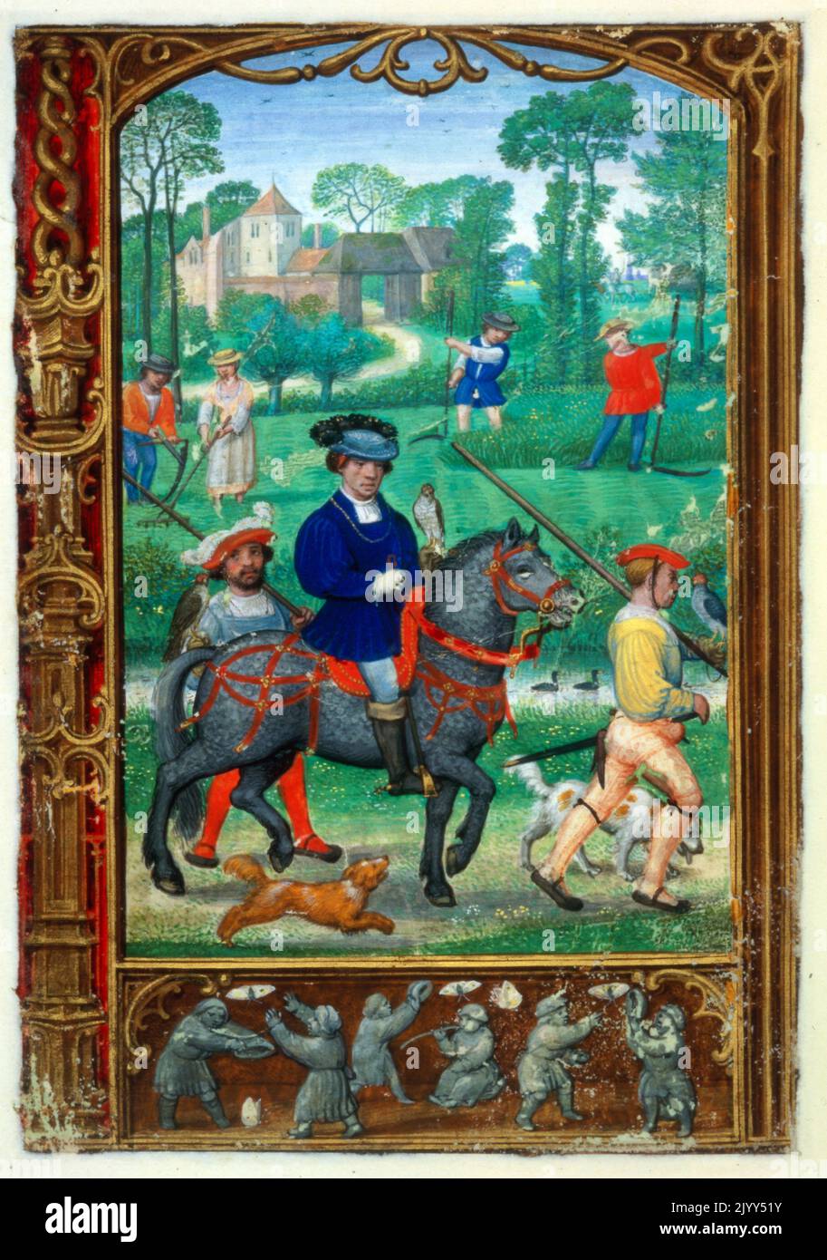 Flamand du 16th siècle, calendrier illuminé représentant la fauconnerie, la fabrication du foin et la chasse aux papillons. Banque D'Images