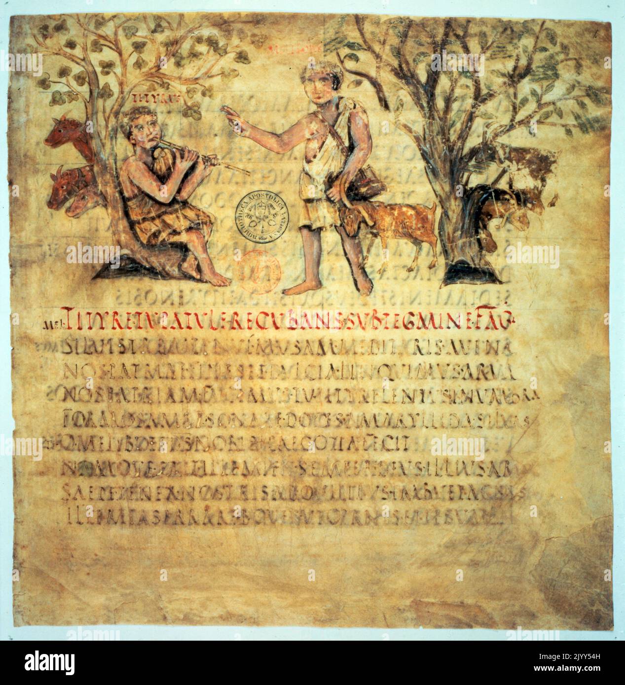 Le Vergilius Romanus (Cité du Vatican, Biblioteca Apostolica, Cod. lat. TVA 3867), également connu sous le nom de Vergil romain, est un manuscrit illustré de 5th-siècle des œuvres de Virgile. Il contient l'Aeneid, les Géorgiques et certains des Eclogues. C'est l'un des plus anciens et des plus importants manuscrits de Vergilian. Il est de 332 par 323 mm avec 309 feuilles de vélin. Il a été écrit en capitales rustiques avec 18 lignes par page. Banque D'Images