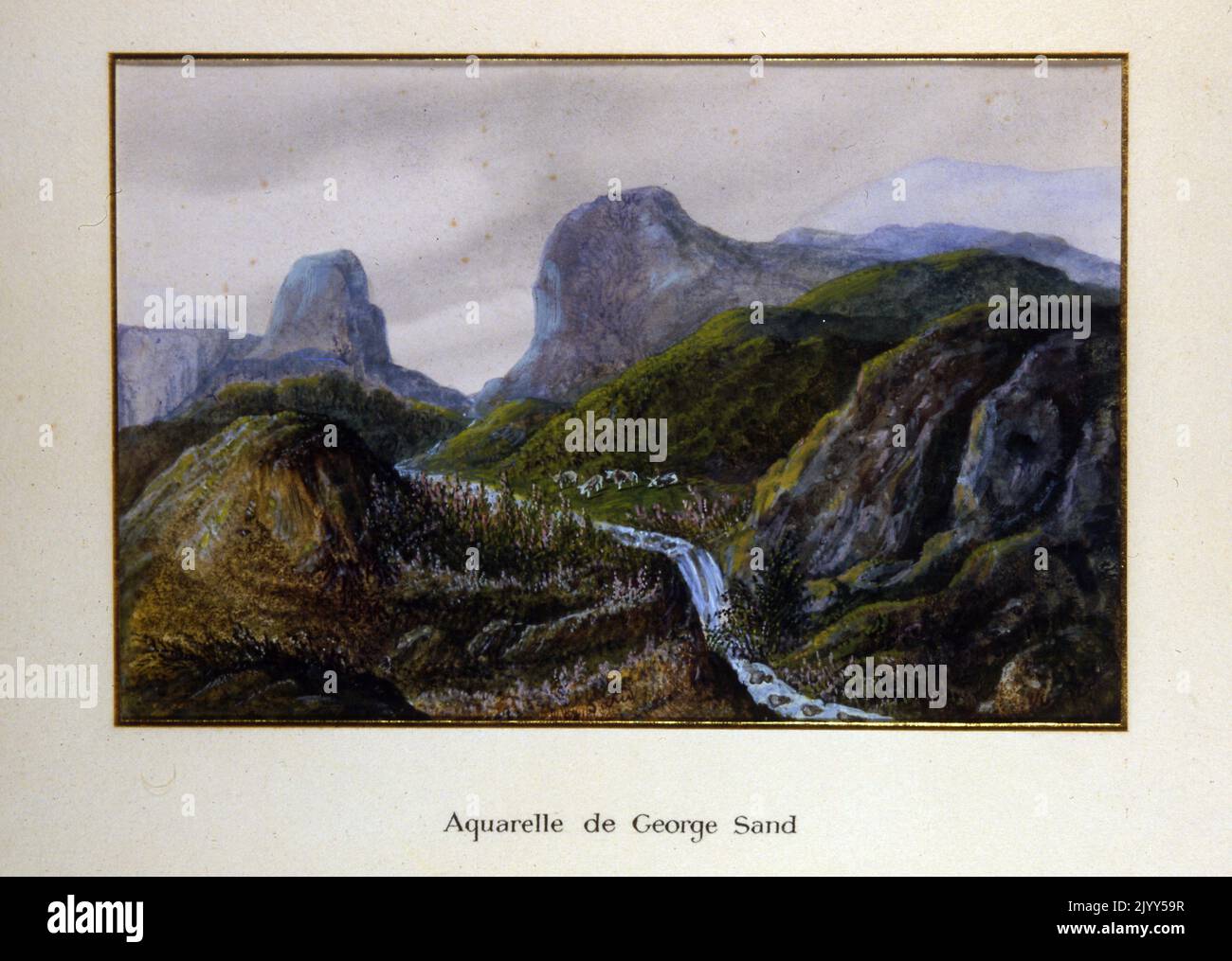 Scène de montagne avec cascade, peinte par l'écrivain George Sand. Vers 1865 Banque D'Images