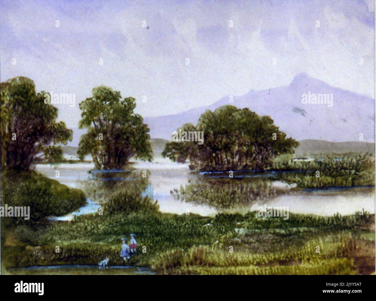 Aquarelle d'un paysage de fantaisie montrant une montagne, un lac et des arbres. Par l'écrivain George Sand. Vers 1865 Banque D'Images