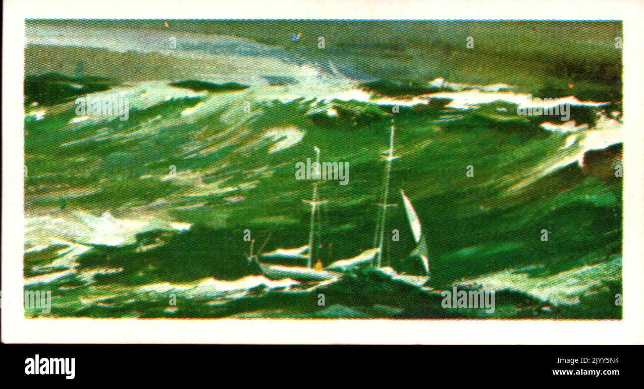 D'une série de cartes pour Brooke Bond Tea; 1973; 'aventuriers & Explorers', illustré par John; représentant une image en couleur illustrée de Sir Francis Chichester (1901-1972), Britannique; illustration en couleur de la Gypsy Moth IV au large de Cape Horn lors de son voyage autour du monde (Une série de 50 cartes, no 44). Banque D'Images