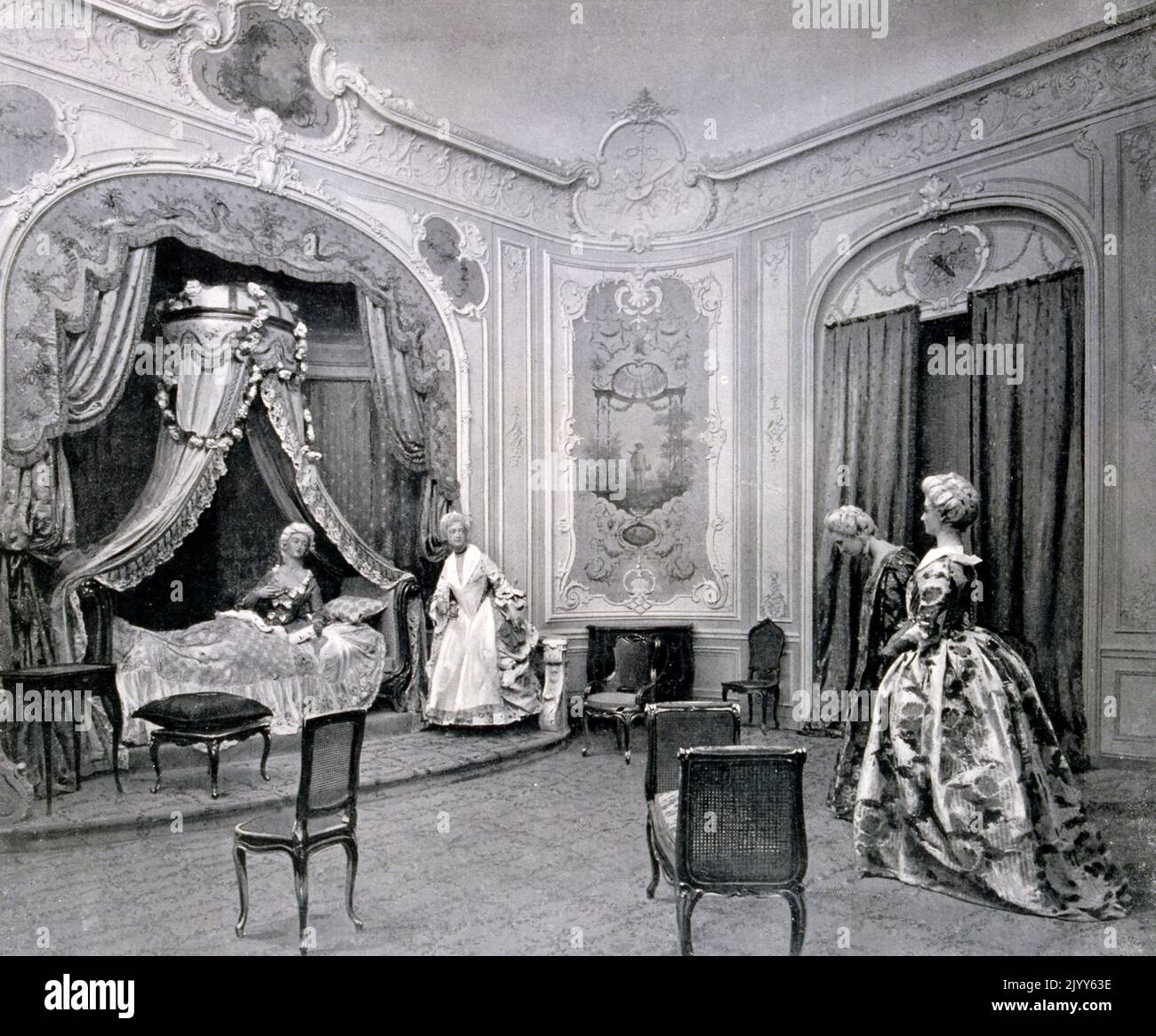 Peinture intitulée "les visiteurs" (de l'époque de Louis XV); une scène de chambre intérieure avec deux dames visitant la princesse de Harcourt. Banque D'Images