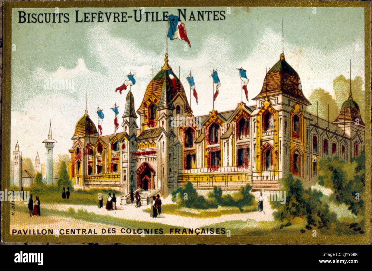 Image de l'usine de biscuit Lefevre-Utile à Nantes ; image commémorative du Pavillon central des colonies françaises. Banque D'Images
