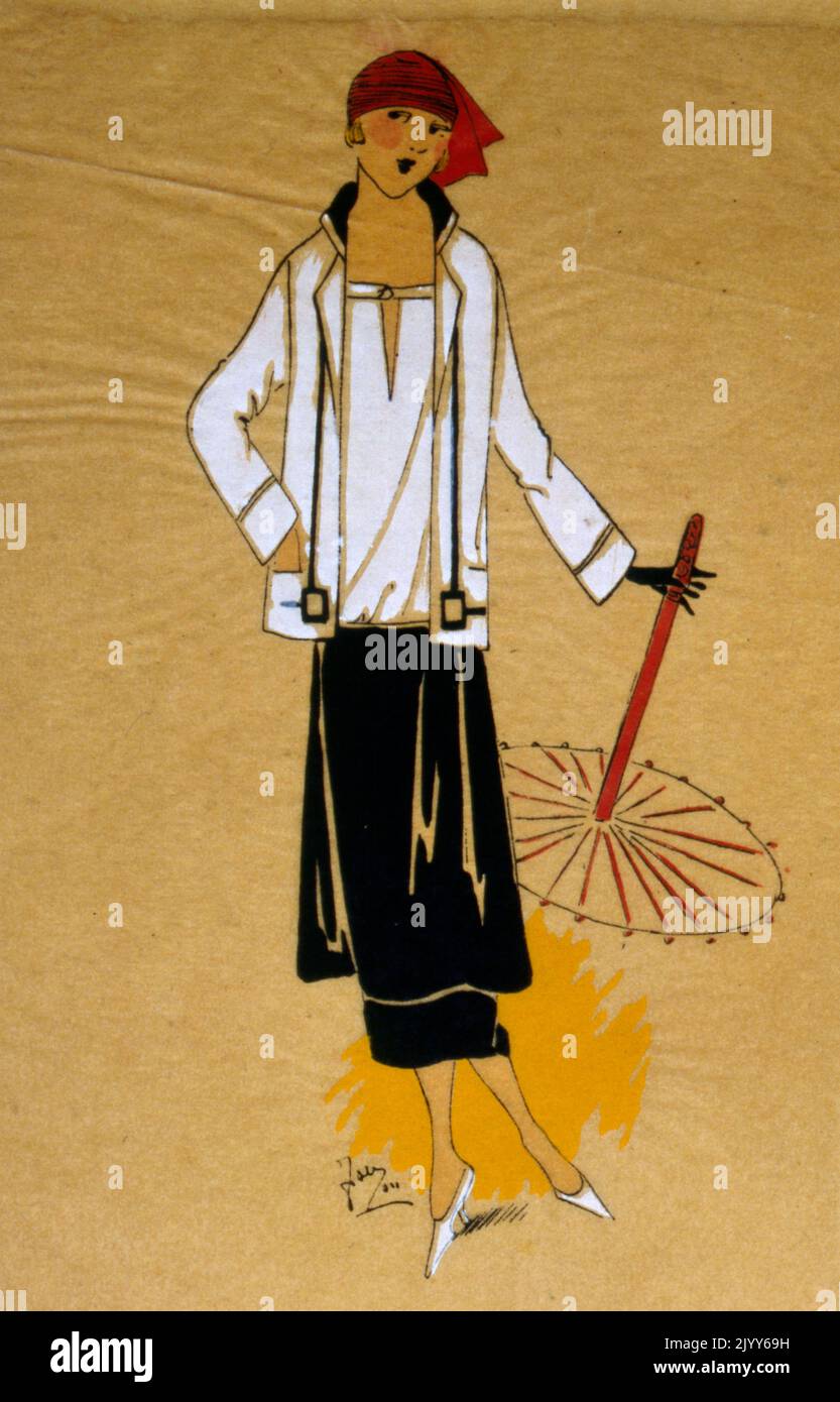 Image de Creation Jenny montrant l'exemple numéro 10, combinaison noire et blanche de blouse blanche et veste avec des chaussures blanches et une jupe noire satinée. Banque D'Images