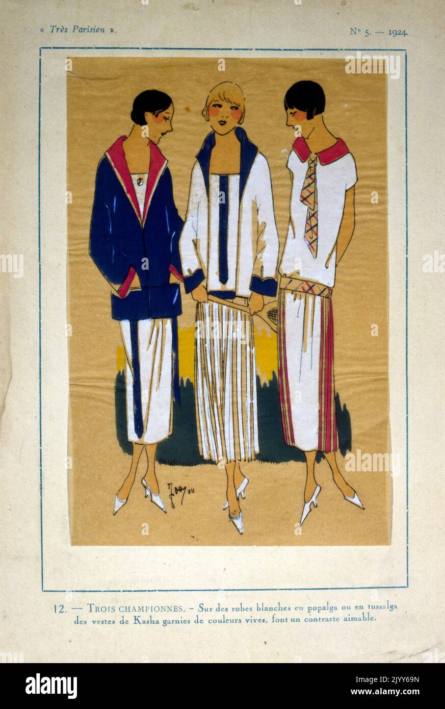 Illustration colorée intitulée « trois Parisiens », numéro 12; « trois champions »; trois femmes habillées de blanc et de couleurs vives qui s'accordent bien. Banque D'Images