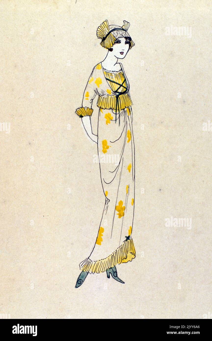 Dessin de mode d'une dame portant des vêtements de style régence en jaune et blanc. Banque D'Images