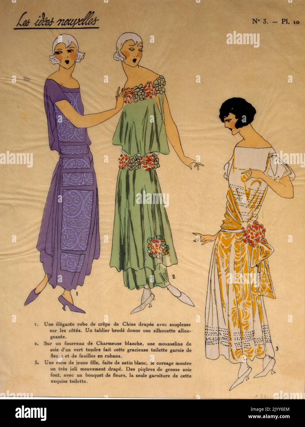 Couleur Illustration d'un magazine de mode intitulé nouvelles idées, numéro 3, planche 10; trois dames portant différents types de robes faites de satin et de mousseline. Banque D'Images