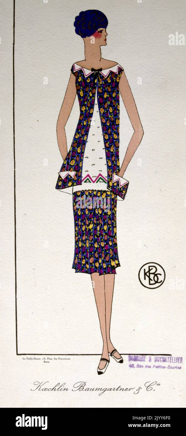 Illustration de la mode par la société Koechlin Baumgartner and Co. Intitulée « la taille-douce », Paris. Banque D'Images