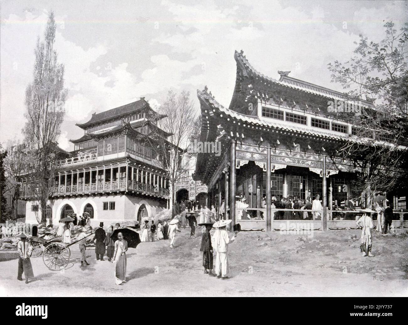 Exposition universelle (Foire mondiale) Paris, 1900; Photographie noir et blanc du quartier chinois. Banque D'Images