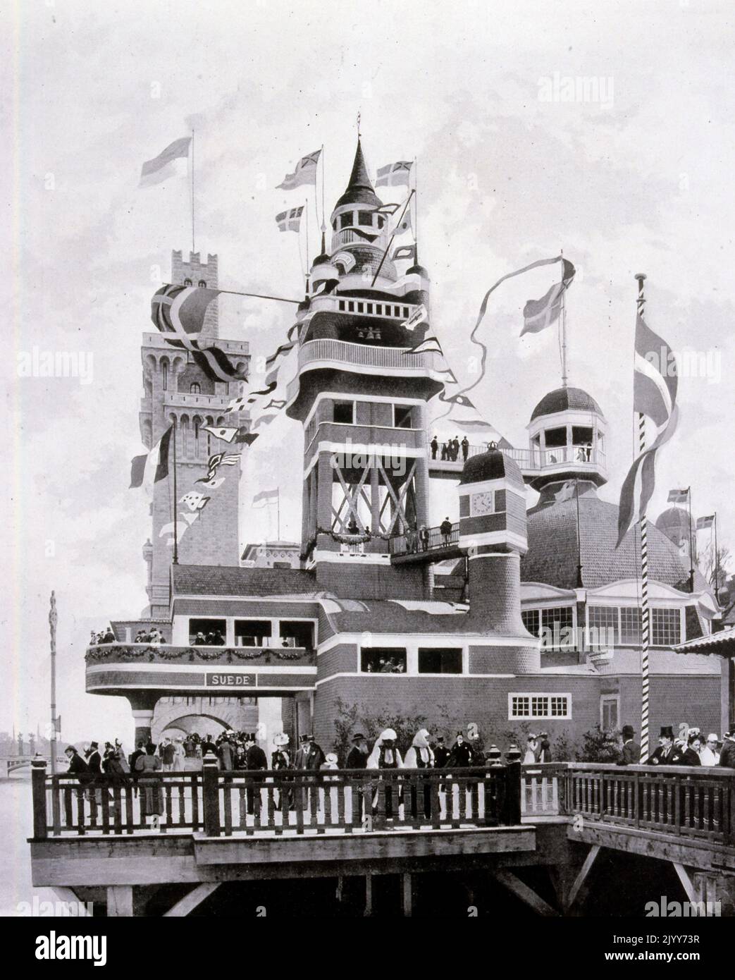 Exposition universelle (Foire mondiale) Paris, 1900; Photographie noir et blanc du Pavillon suédois. Banque D'Images