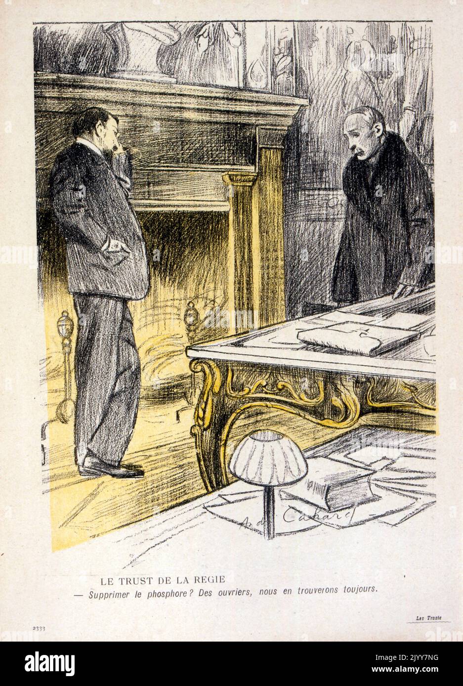 Dans le magazine satirique l'Assise au beurre; couverture; édition intitulée 'The Trusts'; dessin noir et blanc intitulé 'Regie's Trust'; deux hommes parlent près d'un foyer; 'Remover the phosphore? Les travailleurs, nous pouvons toujours les trouver". Banque D'Images