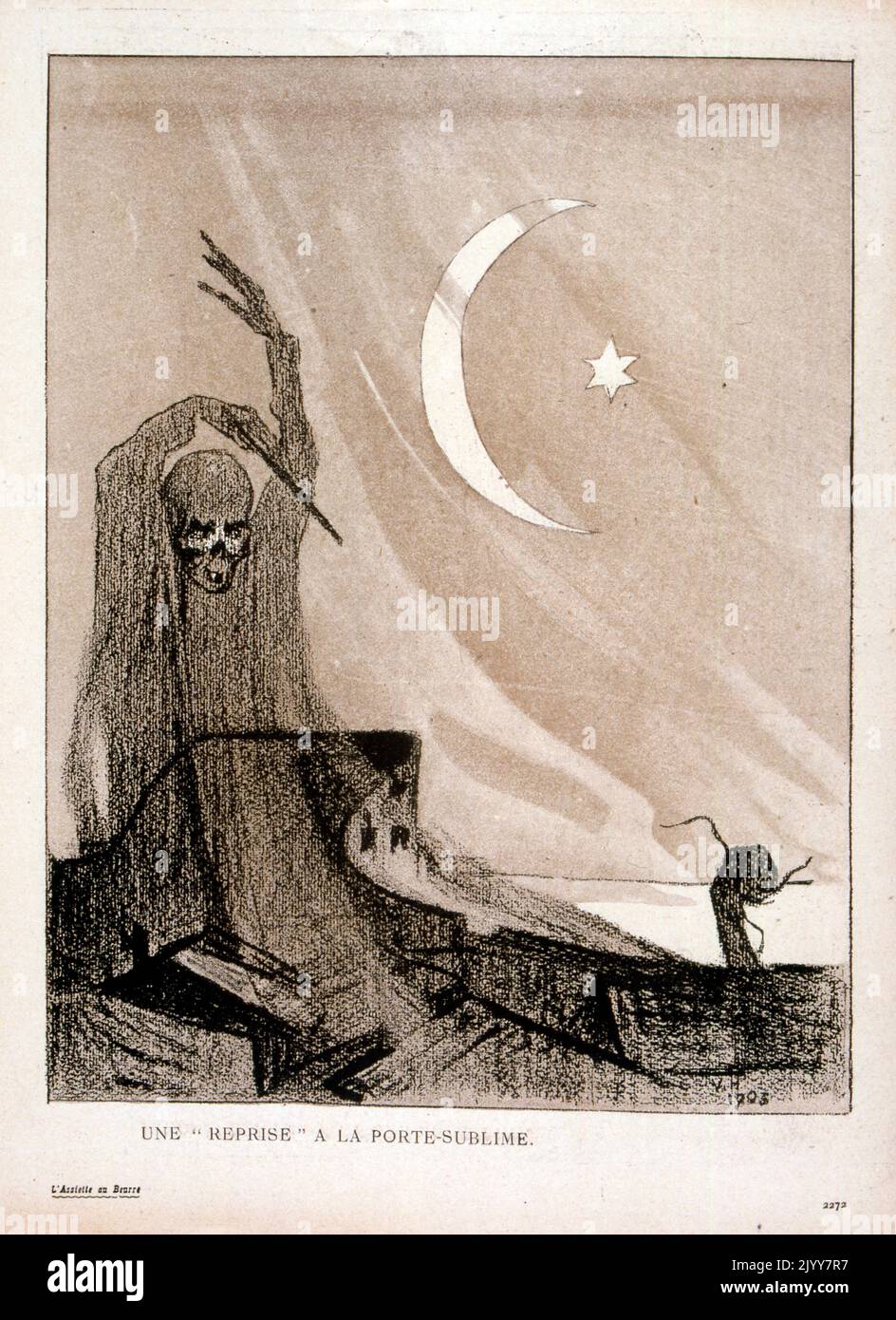 Dans le magazine satirique l'Assise au beurre ; dessin noir et blanc montrant une image fantôme sur un paysage aride intitulé « récupération ». Banque D'Images