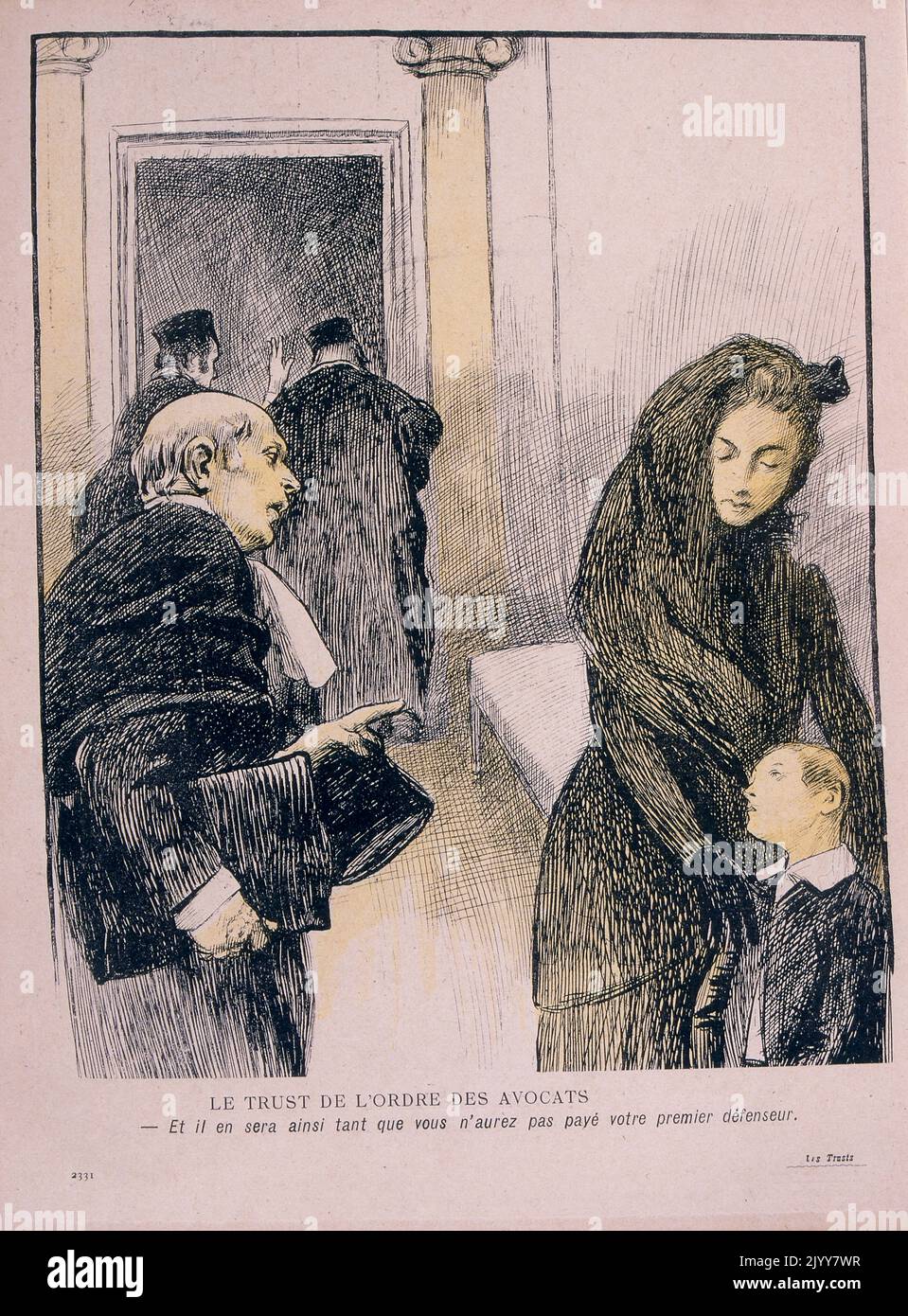 Dans le magazine satirique l'Assise au beurre; Edition: The Trusts: Colored Illustration; The Lawyers Trust Un homme fait remarquer à un veuf avec son enfant: "Je crains que vous n'ayez pas payé votre premier avocat de la défense." Banque D'Images