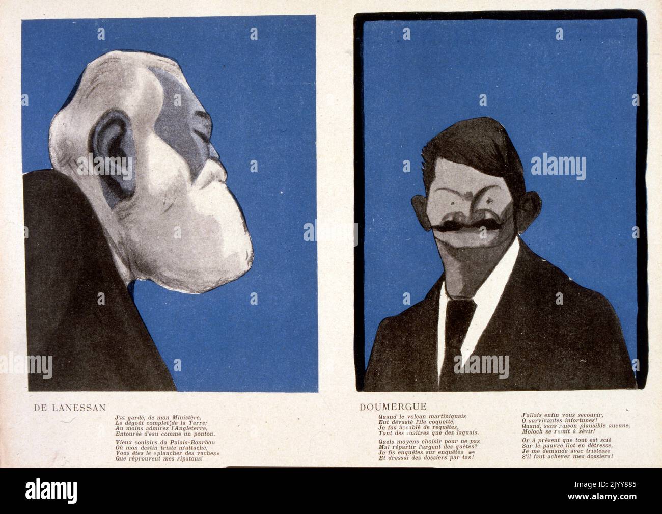 Dans le magazine satirique l'Assise au beurre; portraits de deux hommes. L'un s'appelle de Lanessan et l'autre s'appelle Doumergue. Banque D'Images