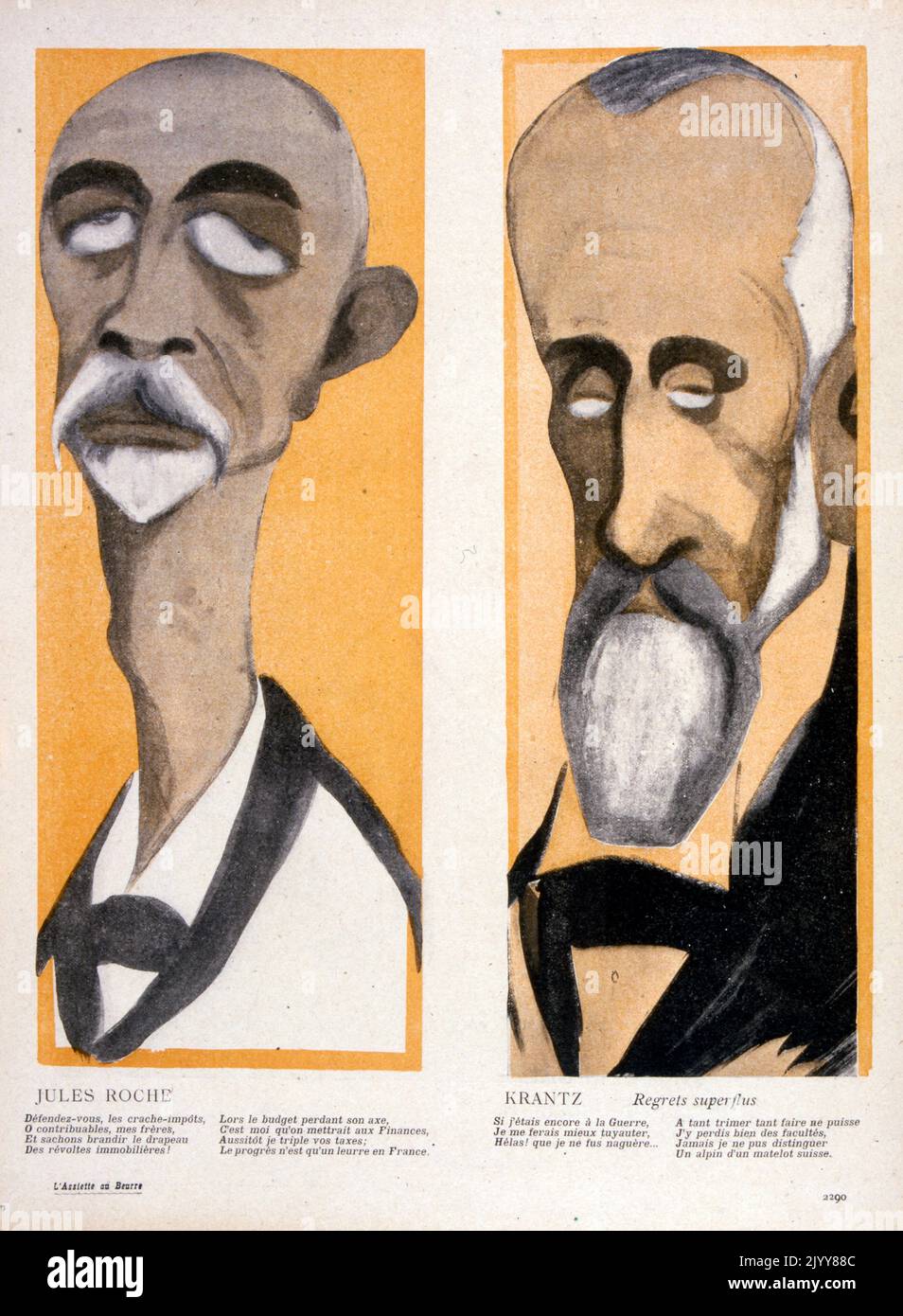 Dans le magazine satirique l'Assise au beurre, portraits de deux vieux hommes qui ont l'air triste. L'un s'appelle Jules Roche et l'autre s'appelle Krantz. Banque D'Images
