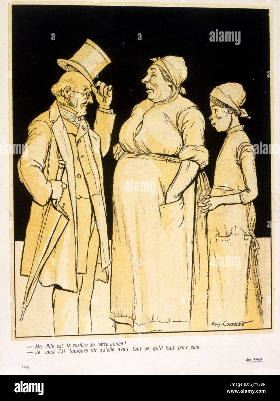 Dans le magazine satirique l'Assise au beurre; dessin en couleur d'un vieil homme qui a défait son chapeau à une dame. L'homme semble essayer d'acheter la fille d'une femme. Banque D'Images
