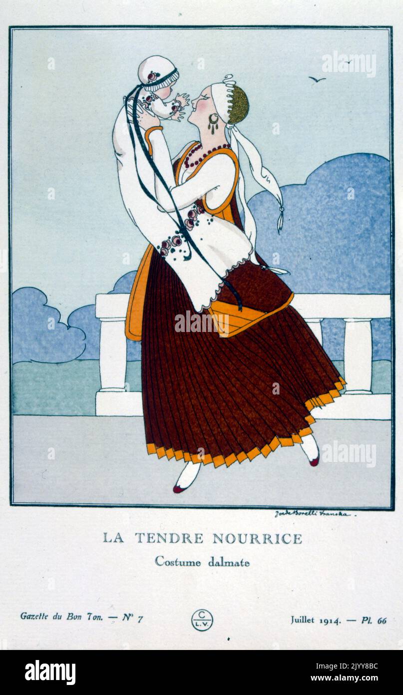 Une illustration Art Nouveau colorée (moderniste) en date de juillet 1914; image d'une femme tenant un bébé intitulé 'le Nurturer tendre'. Banque D'Images